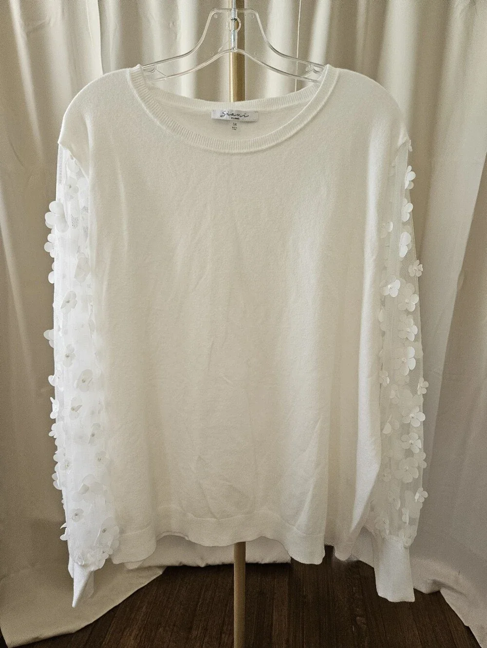 Sioni Off White Fuzzy Sweater Sheer Bubble Sleeves 3D Floral Top 3X